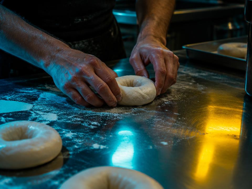 Hands shaping a bagel